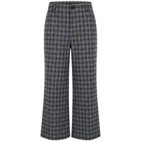 A pair of wide-leg trousers in a gray and black plaid pattern, shown against a plain white background.