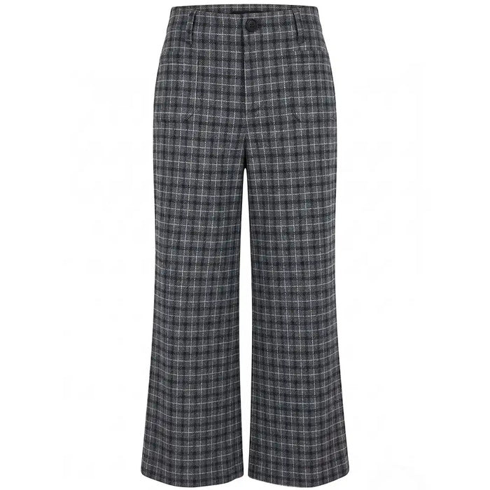 A pair of wide-leg trousers in a gray and black plaid pattern, shown against a plain white background.