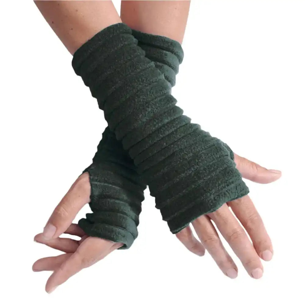 Dark green ribbed arm warmers on a person's arms with a white background