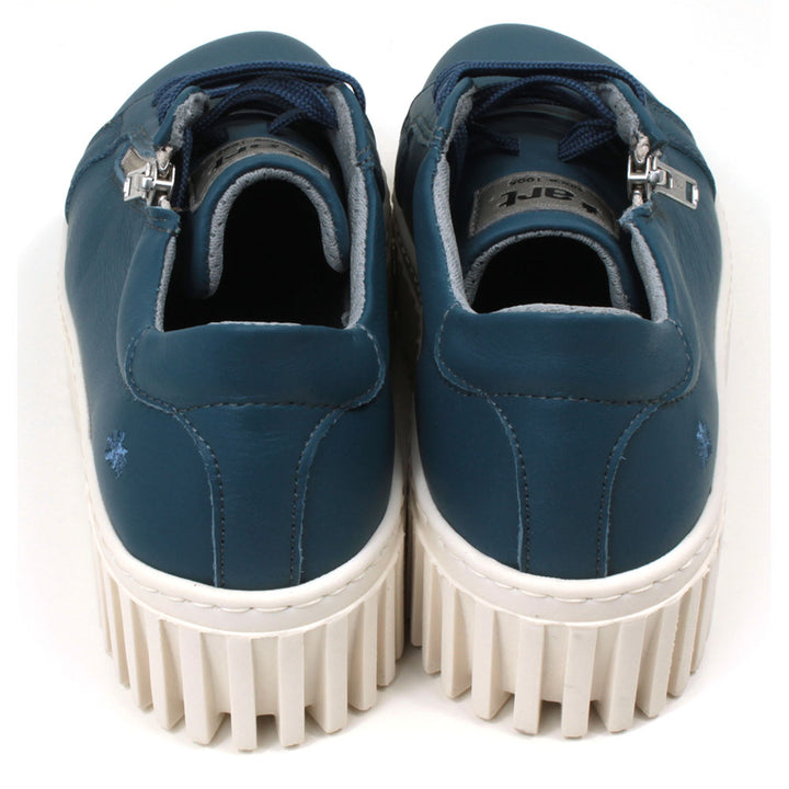 Art Metropolitan blue trainers with white ridged platform soles. Blue laces for adjustment and side zips for fitting. Back view view.