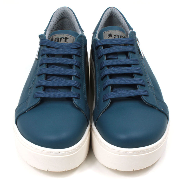 Art Metropolitan blue trainers with white ridged platform soles. Blue laces for adjustment and side zips for fitting. Front view.