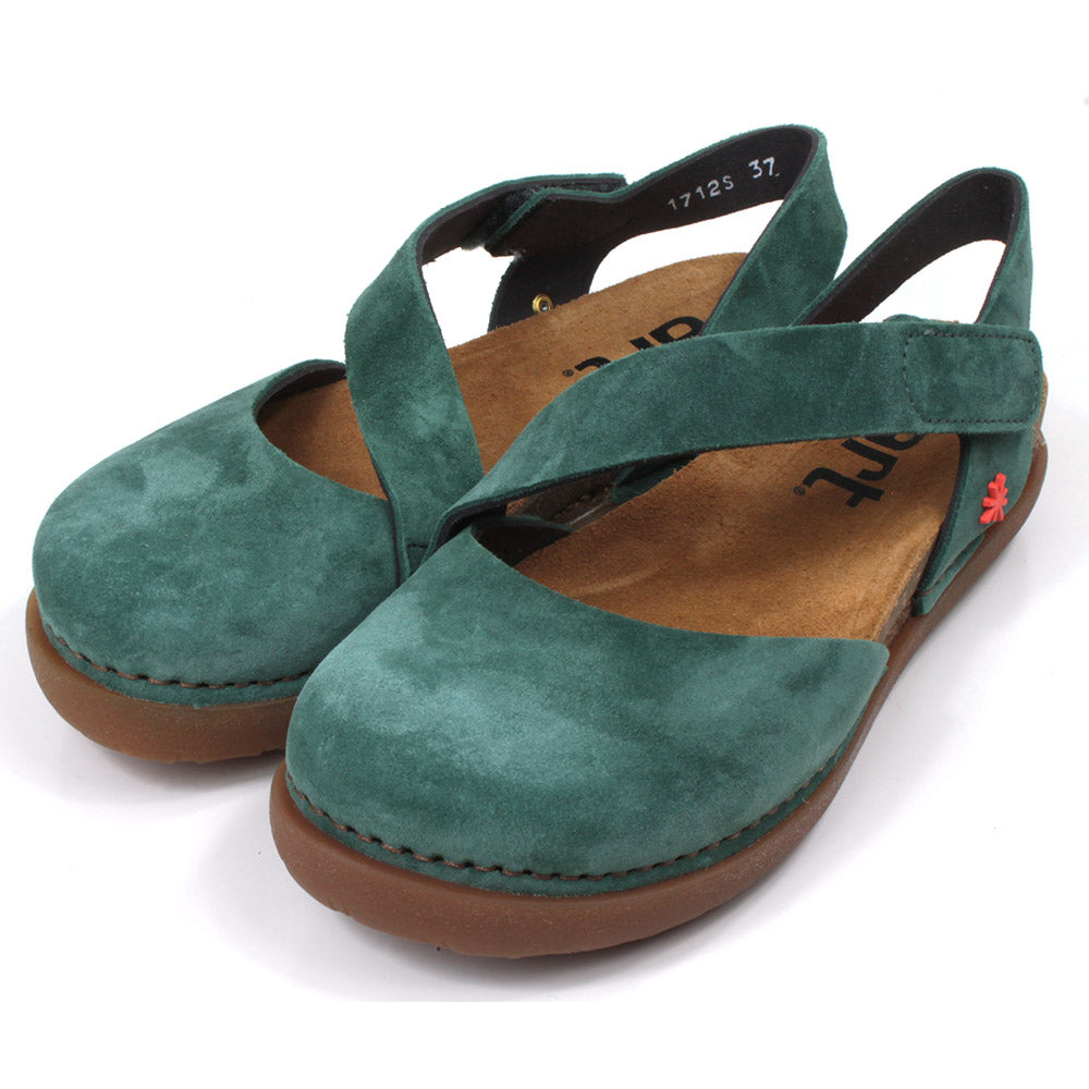 Art Metropolitan Alpine green suede sandals with Velcro adjustment on straps. Tan footbed and rubber soles. Over toes design. Angled view.