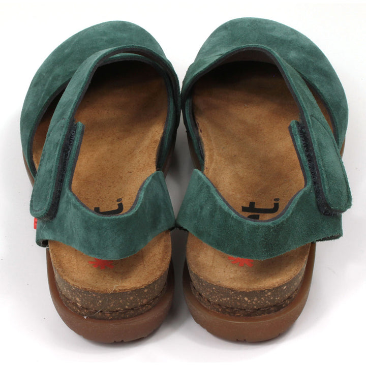 Art Metropolitan Alpine green suede sandals with Velcro adjustment on straps. Tan footbed and rubber soles. Over toes design. Back view.