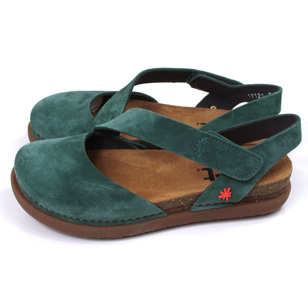 Art Metropolitan Alpine green suede sandals with Velcro adjustment on straps. Tan footbed and rubber soles. Over toes design. Side view.