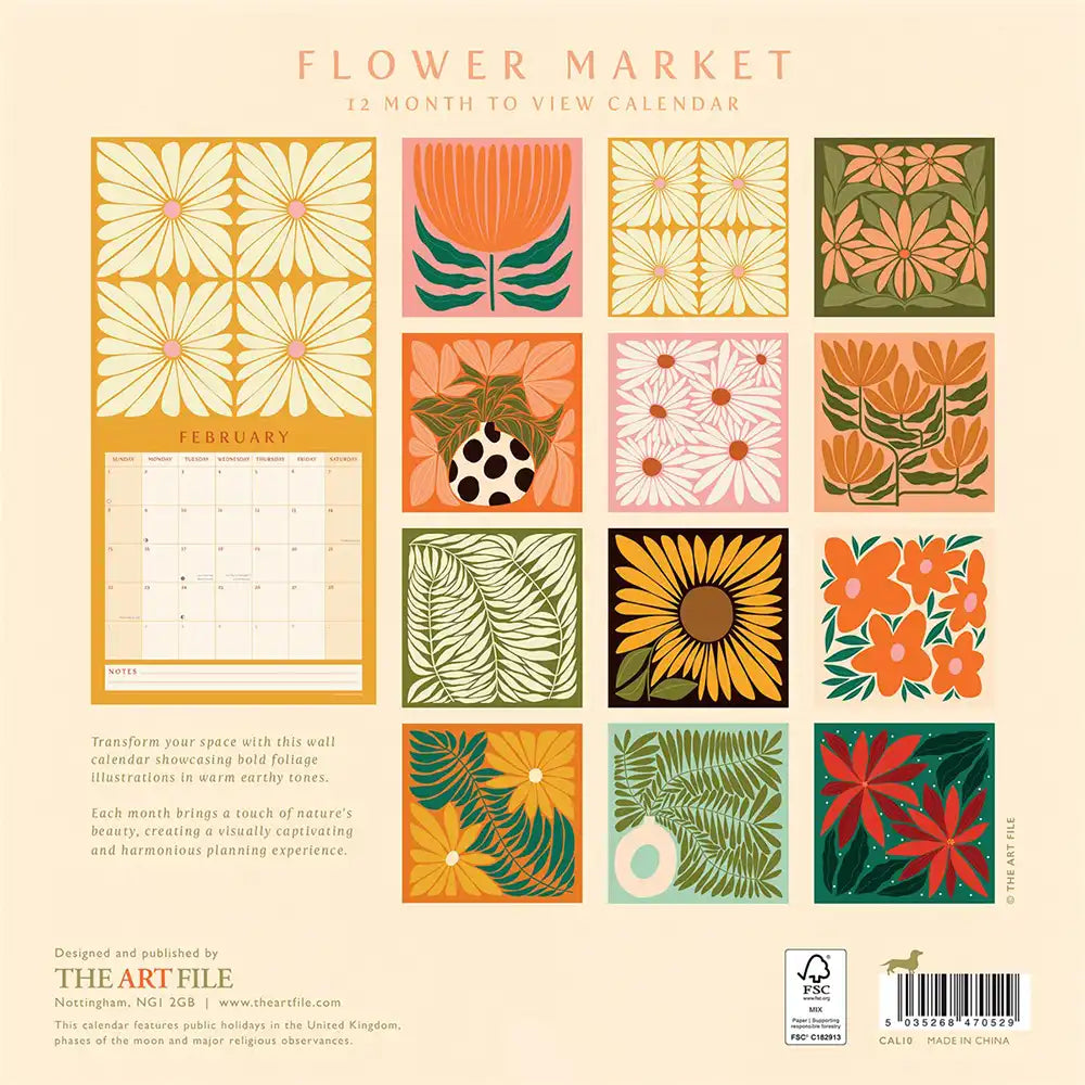 Calendar design with floral patterns and month labels on a beige background