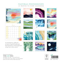 Calendar cover with watercolor landscape designs and text about nature-inspired art.