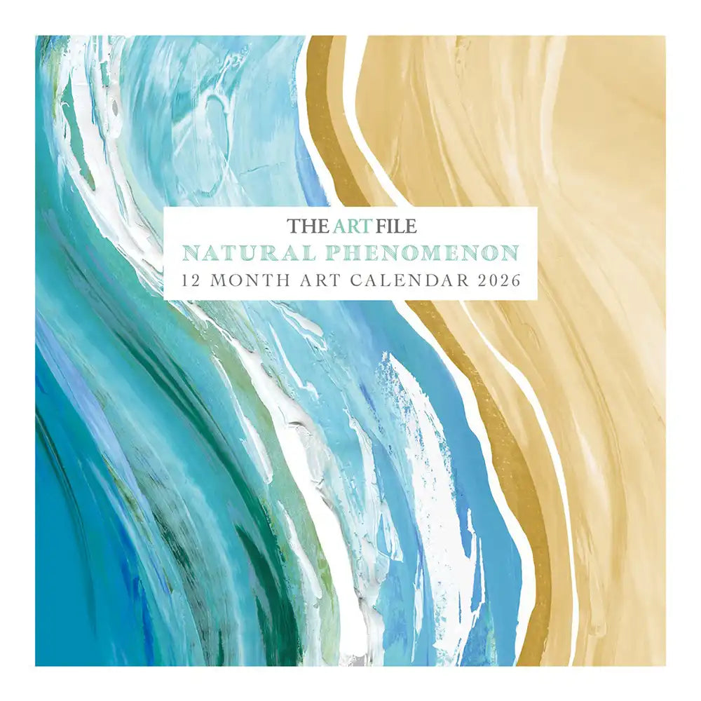 Calendar cover with abstract design in blue and beige with 'The Art File' branding.