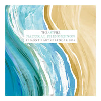 Calendar cover with abstract design in blue and beige with 'The Art File' branding.