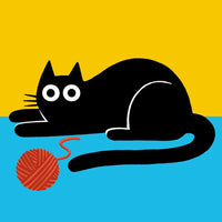 Black cat playing with a red ball of yarn on a yellow and blue background
