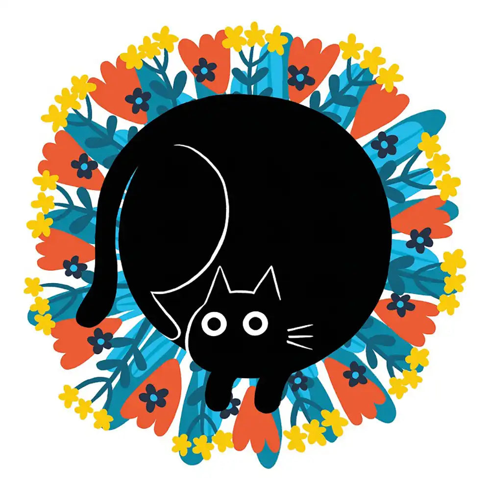 Black cat illustration surrounded by colorful floral patterns on a white background