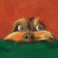 Painting of a dog's face with a red and green background