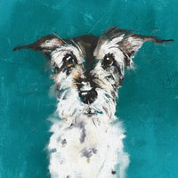 Artistic depiction of a dog's face on a teal background