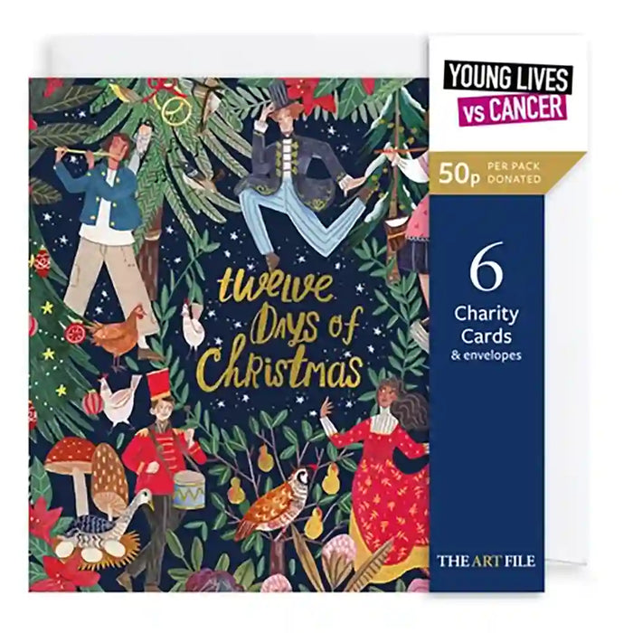 The Art File 'Twelve Days of Christmas' charity card set packaging, featuring a festive illustrated cover with holiday characters and a dark navy side panel that reads '6 Charity Cards & envelopes'. A white insert card is visible behind the main package, and a white promotional badge on the top right says 'Young Lives vs Cancer' and '50p per pack donated'.