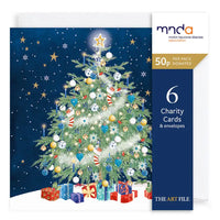 Pack of charity Christmas cards with a decorated tree and presents on a blue background, featuring the MND Association logo.