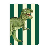 Notebook with a green dinosaur illustration on a green and white striped background