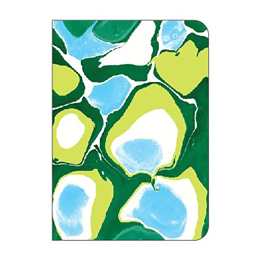 Notebook with a green, blue, and white abstract pattern on a white background