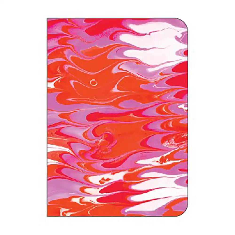 Notebook with a pink, orange, and white marbled pattern on a white background