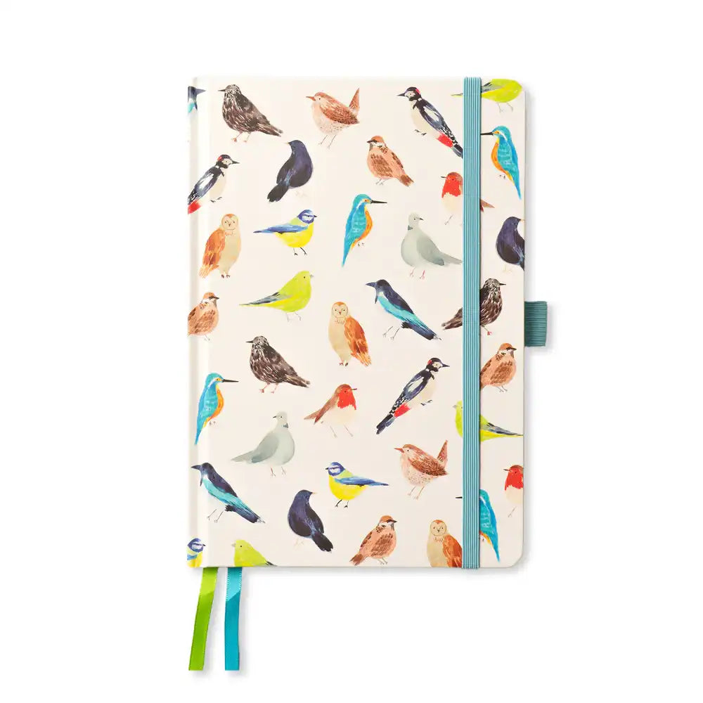 Notebook with colorful bird pattern on a white background