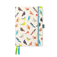 Notebook with colorful bird pattern on a white background