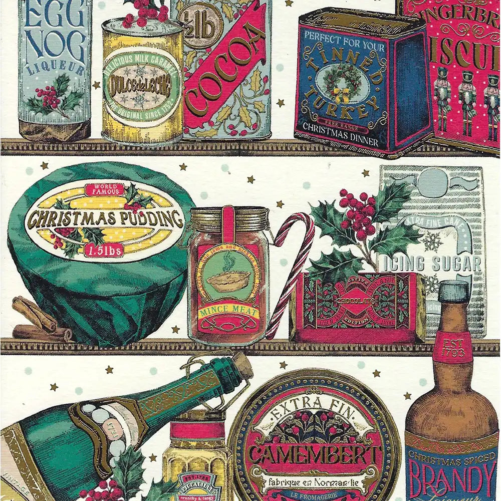 Vintage-style Christmas food and drink packaging on a white background
