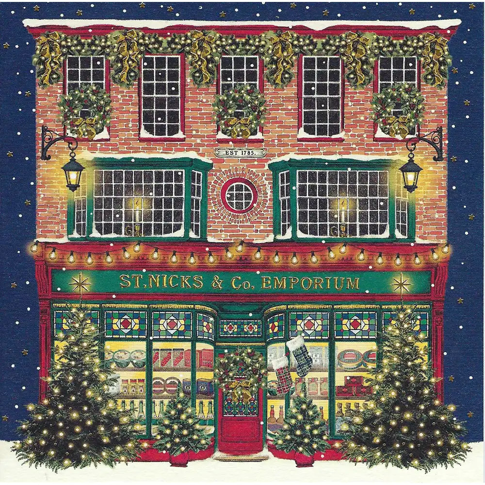 Christmas card depicting a festively decorated Victorian shop.