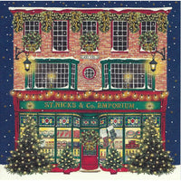 Christmas card depicting a festively decorated Victorian shop.