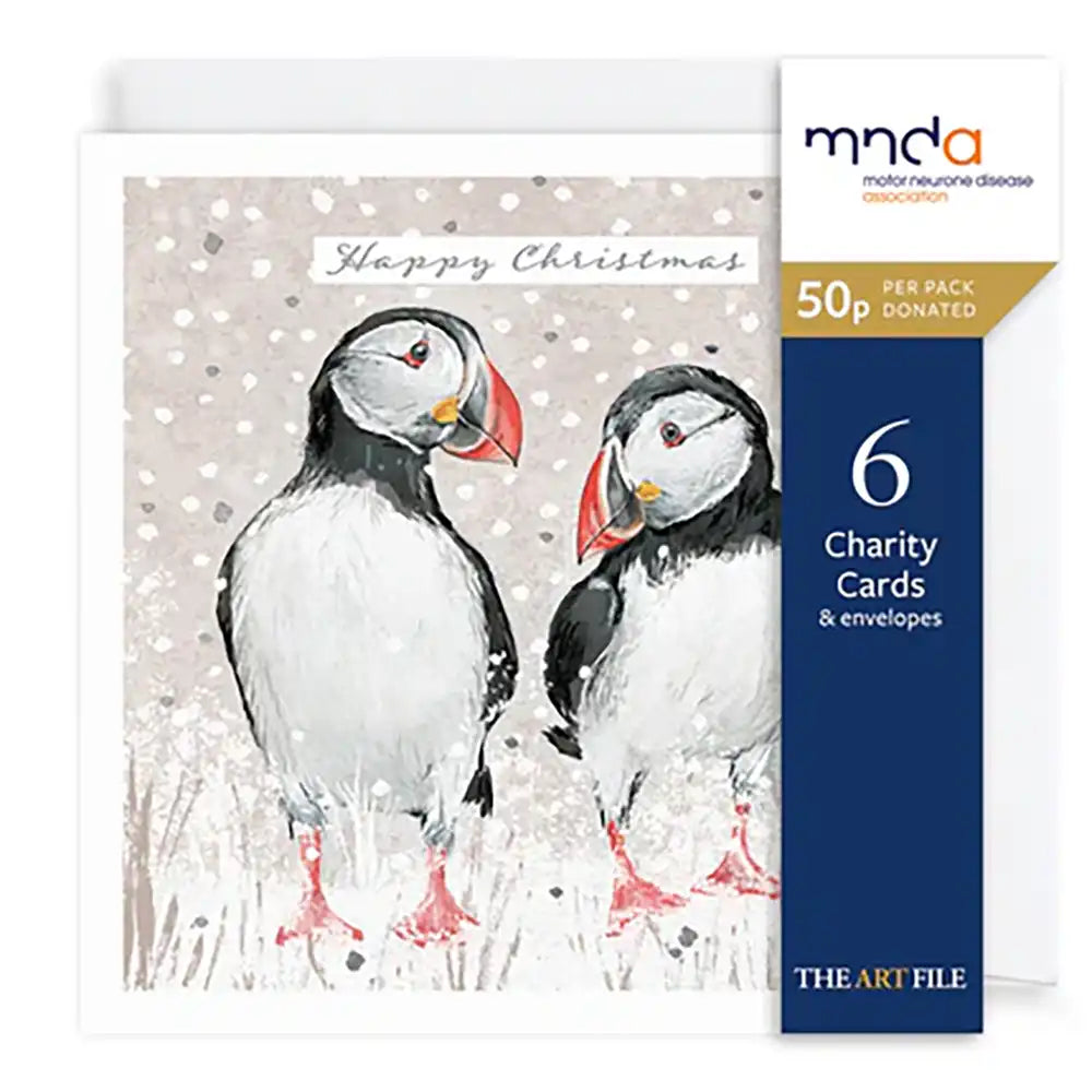 Pack of charity Christmas cards with puffins and MND Association branding.