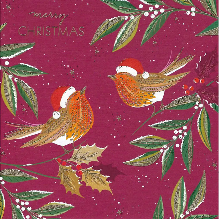 Christmas-themed card with birds, holly leaves, and berries on a red background.