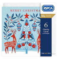 Christmas card with reindeer, trees, and birds, featuring RSPCA logo and 'The Art File' branding.