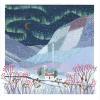 Winter landscape with mountains, a house, and the Northern Lights.