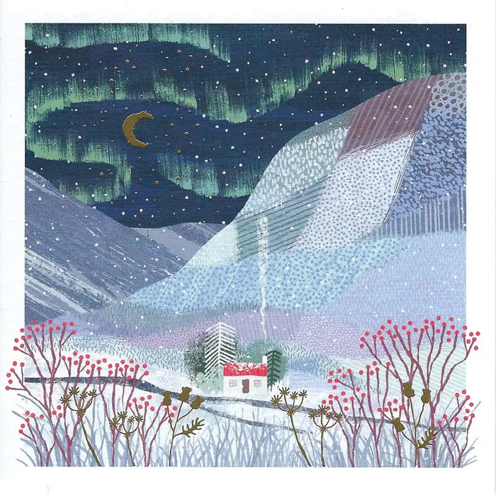 Winter landscape with mountains, a house, and the Northern Lights.