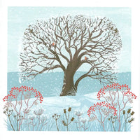 Winter scene with a tree and red berries on a light blue background