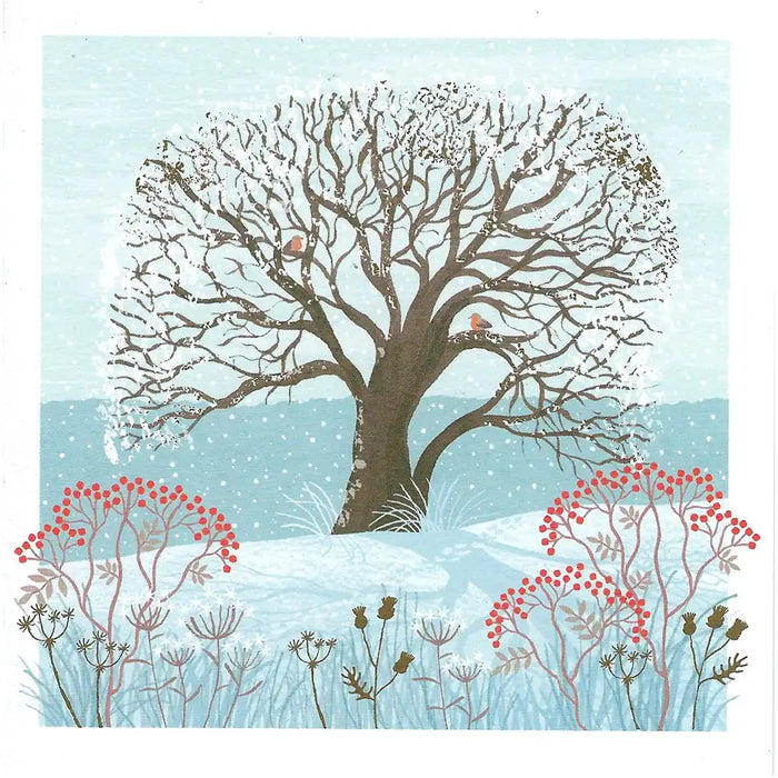 Winter scene with a tree and red berries on a light blue background