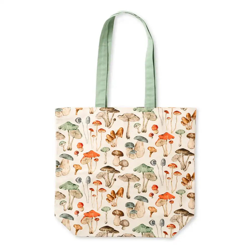 Beige based tote bag with sage green handles and pastel coloured mushrooms and toadstools. 