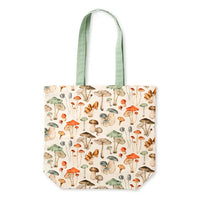 Beige based tote bag with sage green handles and pastel coloured mushrooms and toadstools. 