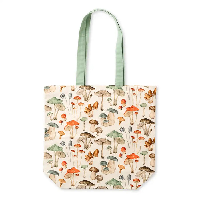 Beige based tote bag with sage green handles and pastel coloured mushrooms and toadstools. 