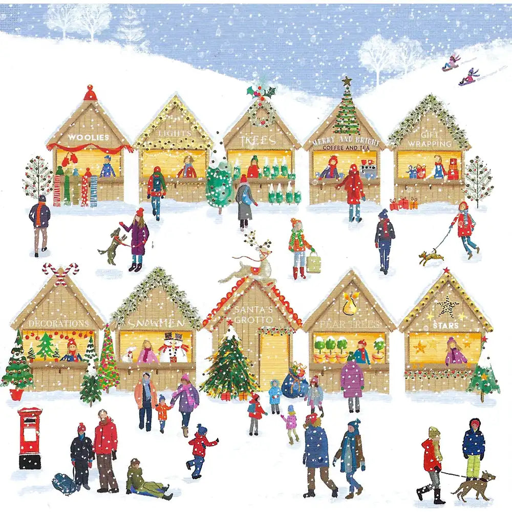 Illustration of a winter scene with people and Christmas market stalls
