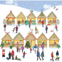 Illustration of a winter scene with people and Christmas market stalls