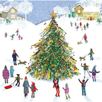 Illustration of a large decorated Christmas tree with people and dogs in a snowy village scene.