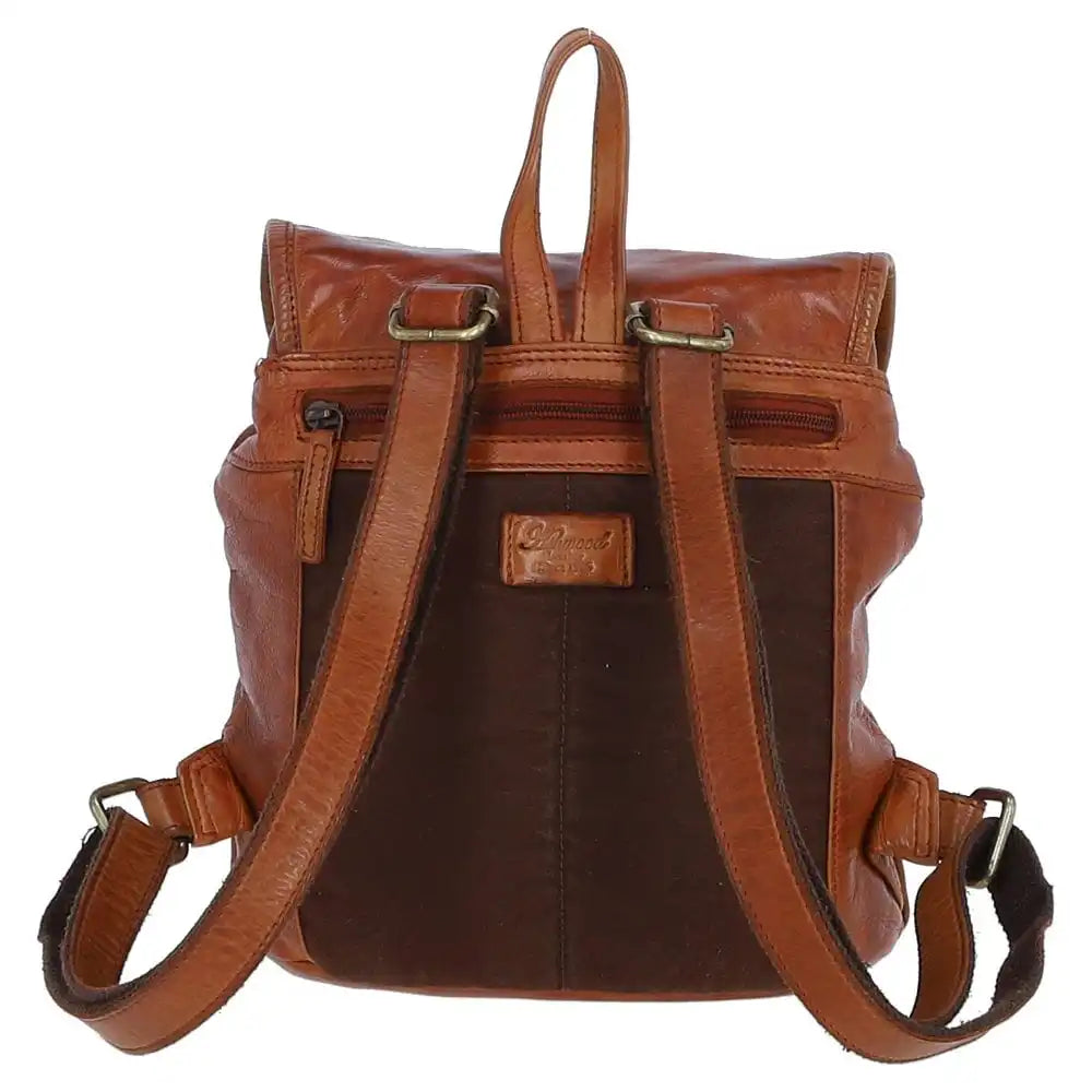 Brown leather backpack with visible brand logo on a white background