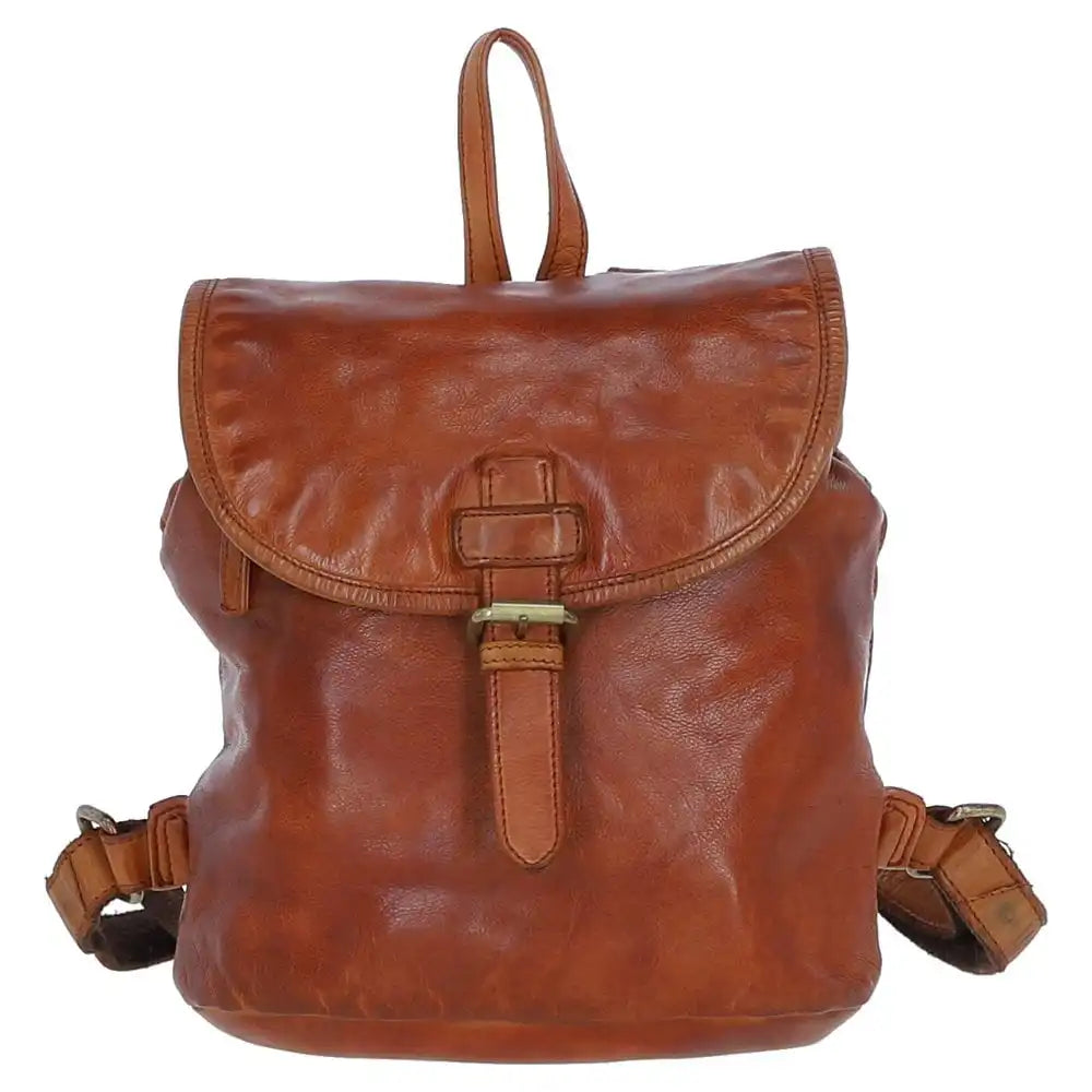 Front of Honey Tan Leather backpack with brass buckle.