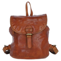 Front of Honey Tan Leather backpack with brass buckle.