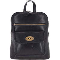 Ashwood Leather backpack in navy blue. Zip access and zip pocket plus fold over flap compartment. Top handle.