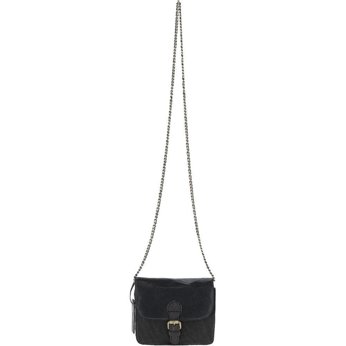 Ashwood Leather cross body black bag with single buckle on flap. Chain. Front view.