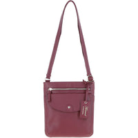 Ashwood Leather crossbody bag in Bordeaux colour. Zip and fold over flap compartments.