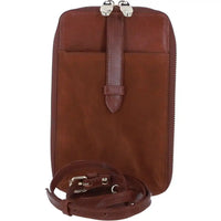 Brown leather crossbody bag with strap on a white background
