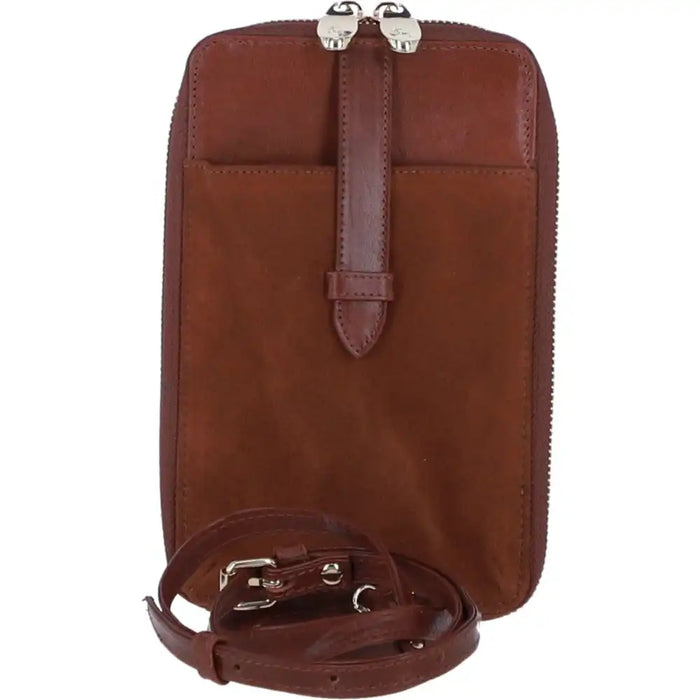 Brown leather crossbody bag with strap on a white background