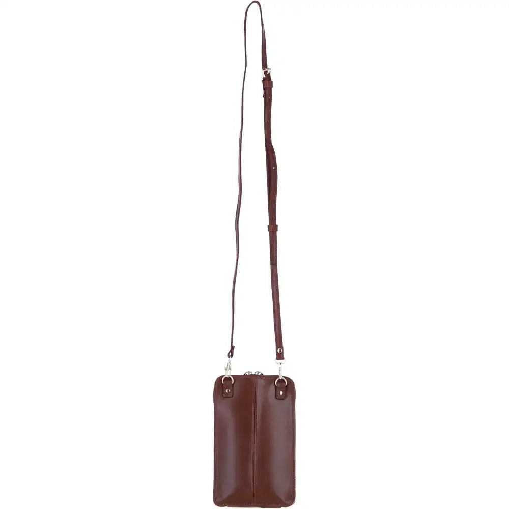 Brown leather crossbody bag with strap on a white background