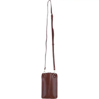 Brown leather crossbody bag with strap on a white background