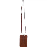 Brown leather crossbody bag with strap on a white background